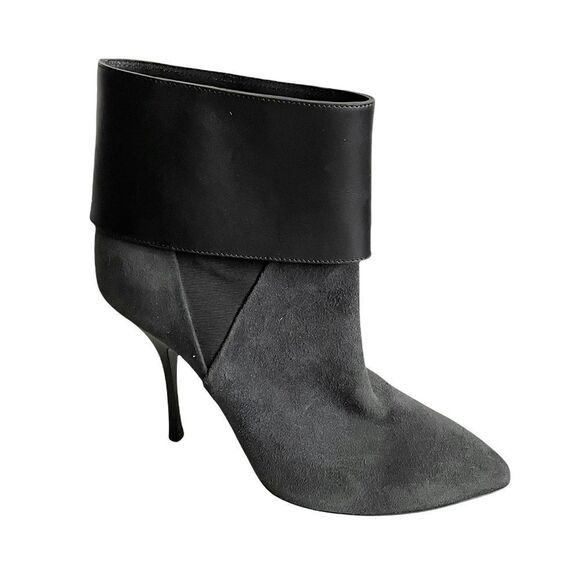 GIUSEPPE ZANOTTI Suede Leather Pointy Toe High Heel Ankle Boots Grey Black 37.5 - Picture 1 of 11